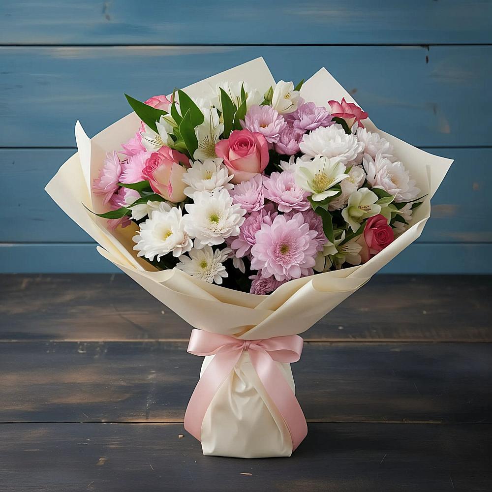 Букет цветов из: Хризантемы, Альстромерии и Розы в Муезерском